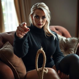 A cozy, intimate portrait of a thin blonde dominatrix with large breasts, seated confidently on a lush sofa