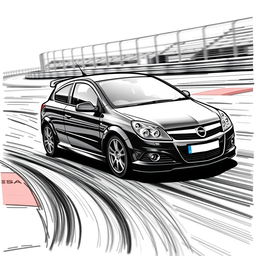 A 2007 black Opel Astra H illustrated in a black marker style on a racing circuit