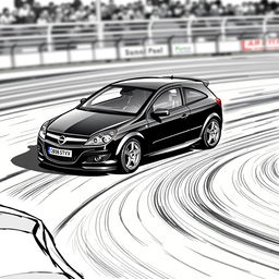 A 2007 black Opel Astra H illustrated in a black marker style on a racing circuit