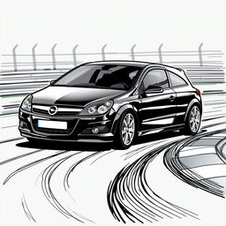 A 2007 black Opel Astra H illustrated in a black marker style on a racing circuit