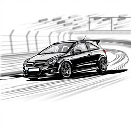 A 2007 black Opel Astra H illustrated in a black marker style on a racing circuit