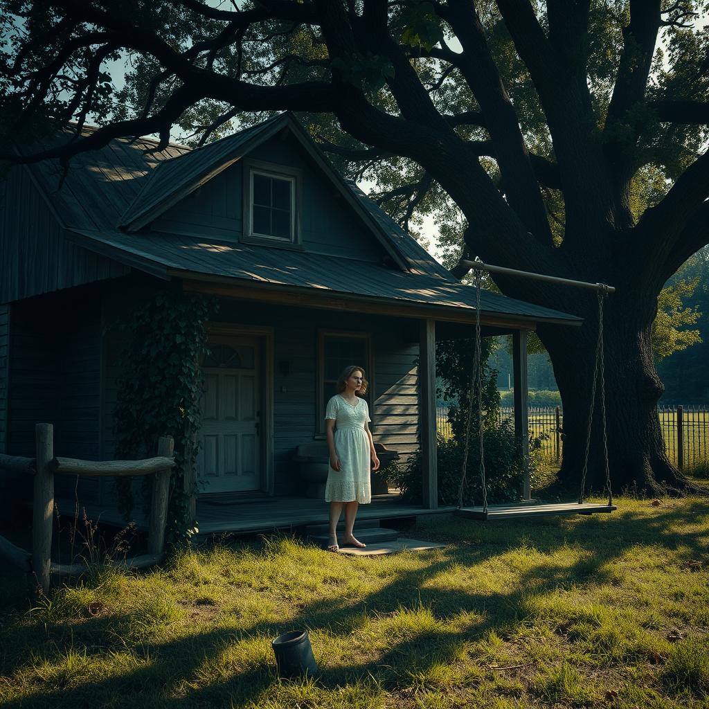 A scene depicting a hot summer day in an old, mysterious countryside house that seems both inviting and eerie