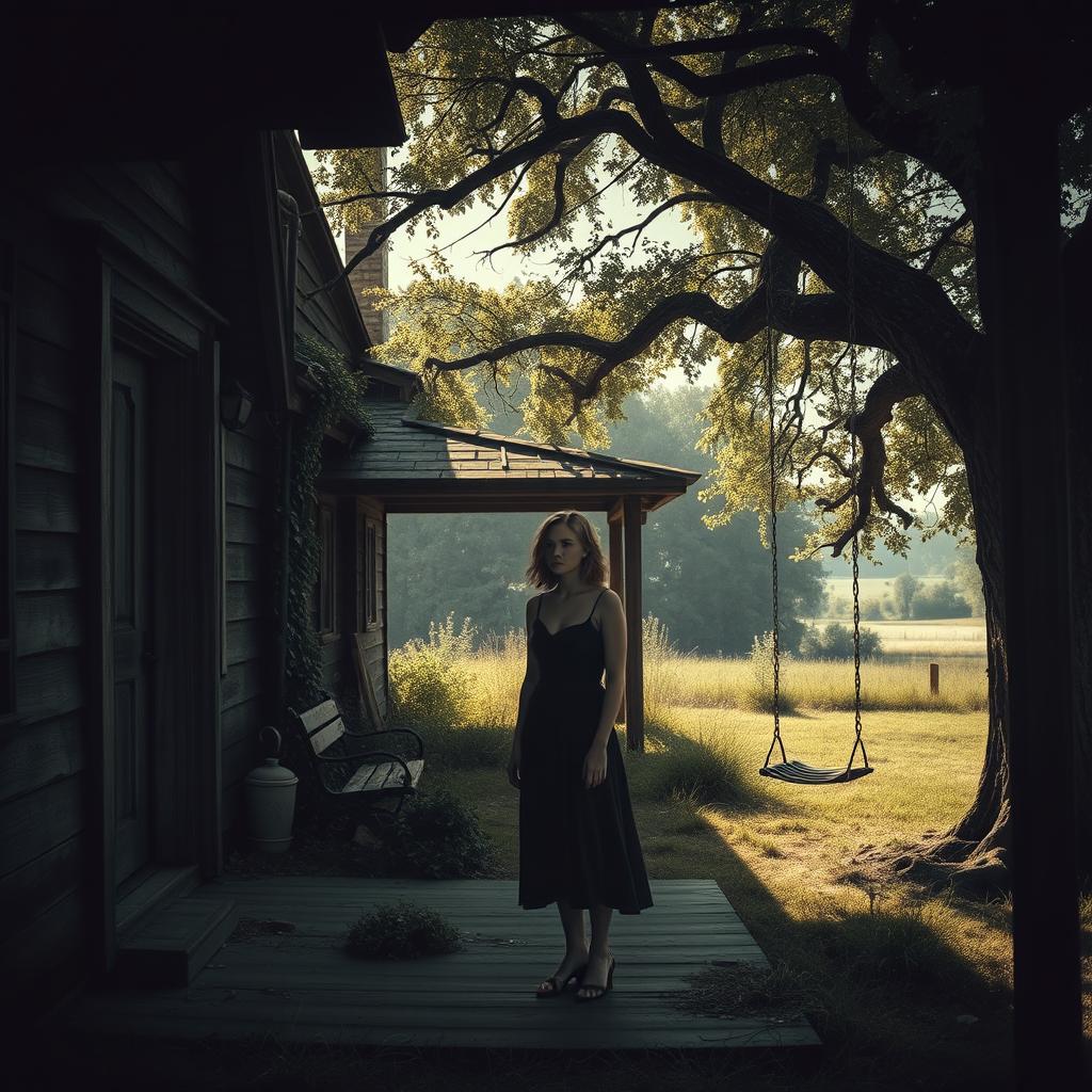 A scene depicting a hot summer day in an old, mysterious countryside house that seems both inviting and eerie