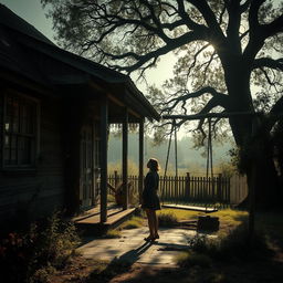 A scene depicting a hot summer day in an old, mysterious countryside house that seems both inviting and eerie