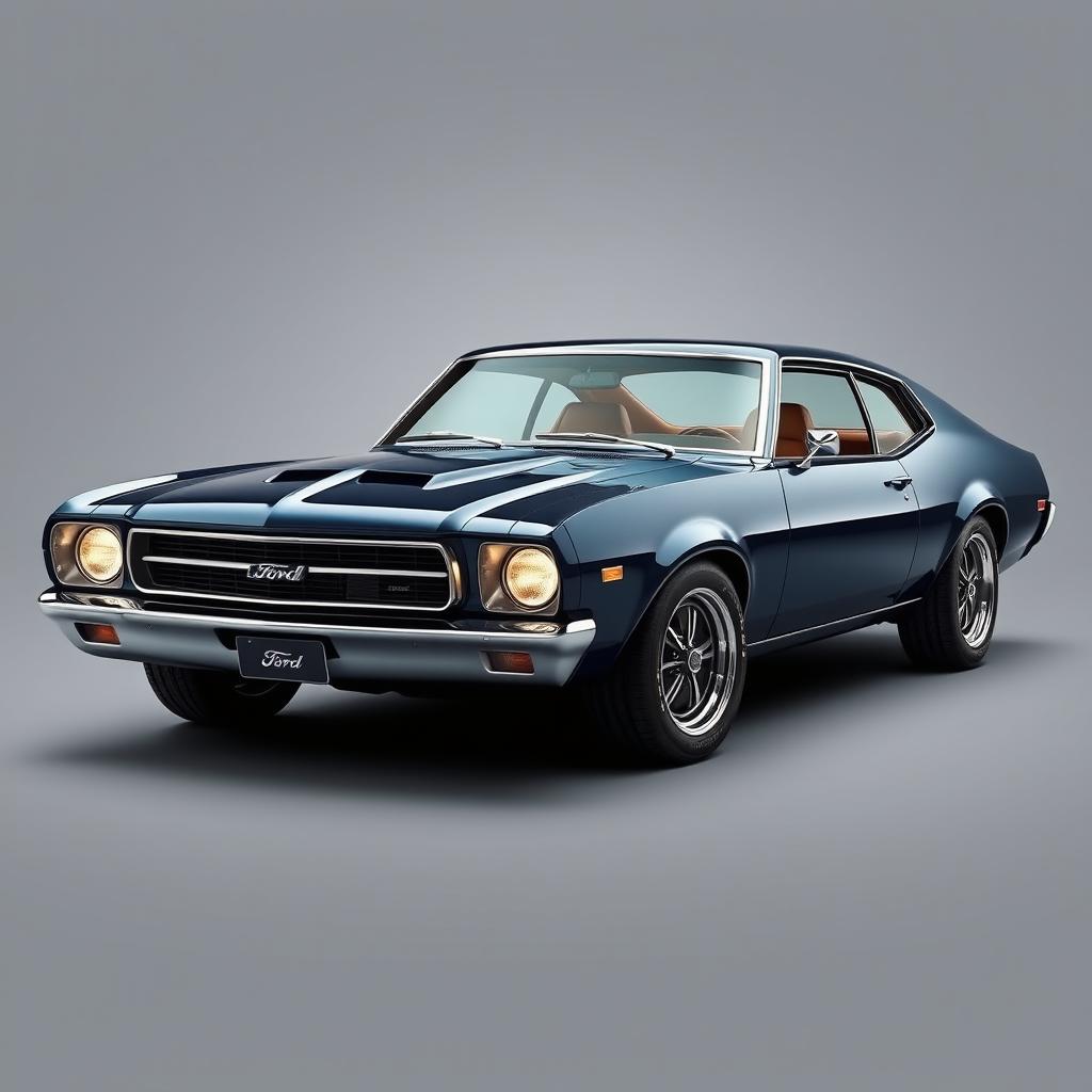 A modern redesign of a classic 1970s Ford Maverick, showcasing sleek lines and contemporary features while retaining the essence of the vintage model