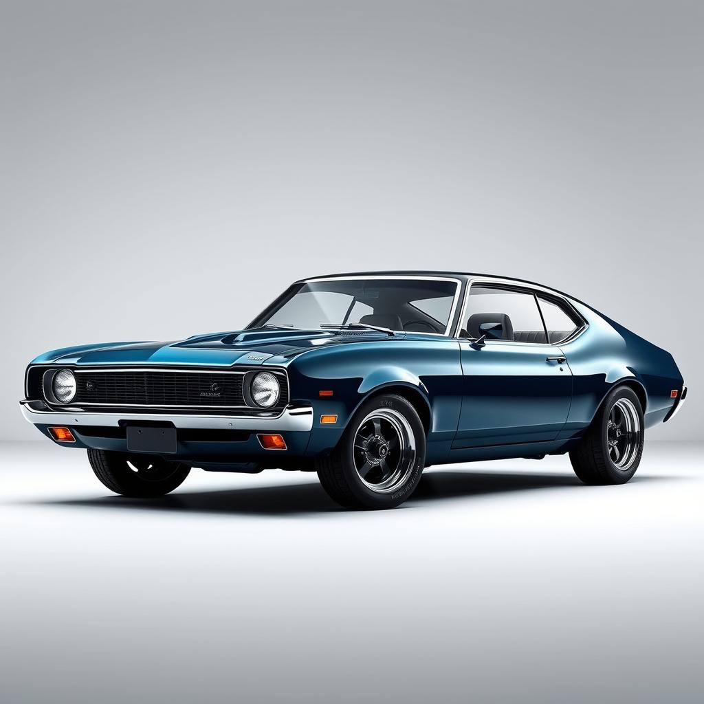 A modern redesign of a classic 1970s Ford Maverick, showcasing sleek lines and contemporary features while retaining the essence of the vintage model