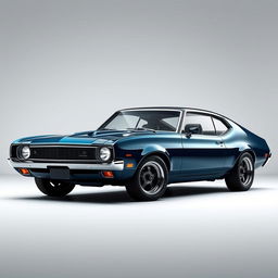 A modern redesign of a classic 1970s Ford Maverick, showcasing sleek lines and contemporary features while retaining the essence of the vintage model