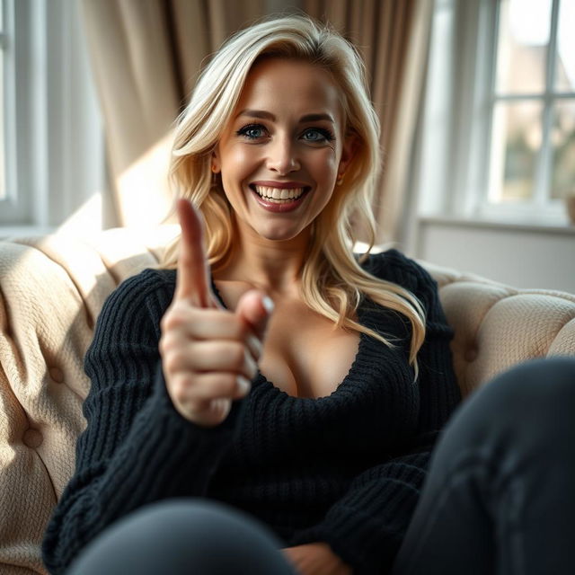 A cozy, intimate portrait of a thin blonde dominatrix with large breasts, comfortably seated on a lush sofa