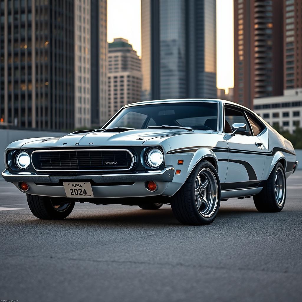 A 1970 Ford Maverick reimagined with 2024 design elements, featuring sleek, aerodynamic lines and futuristic LED headlights