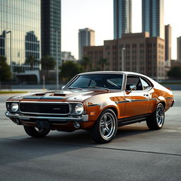 A 1970 Ford Maverick reimagined with 2024 design elements, featuring sleek, aerodynamic lines and futuristic LED headlights