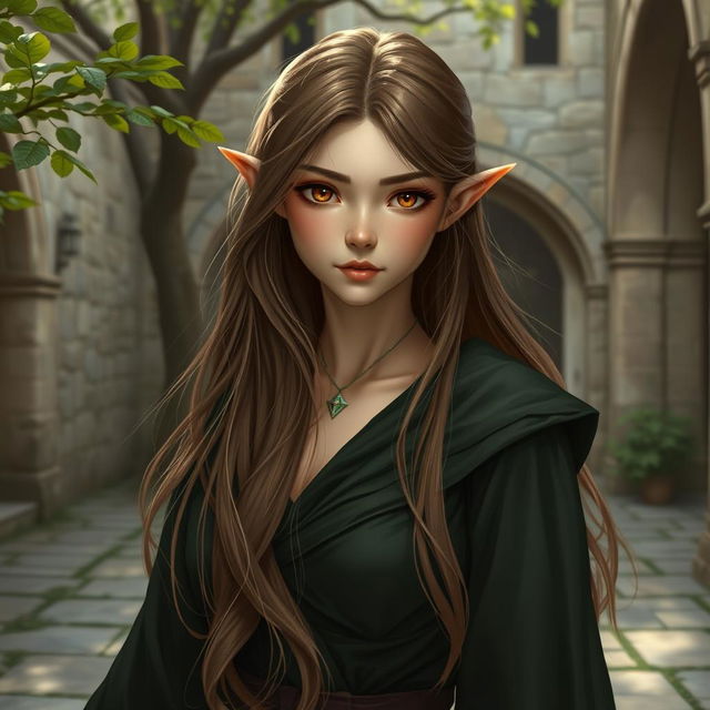 A stunning half-elf character with pale skin, long brown hair cascading gracefully, and large, captivating amber eyes