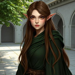 A stunning half-elf character with pale skin, long brown hair cascading gracefully, and large, captivating amber eyes