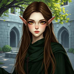 A stunning half-elf character with pale skin, long brown hair cascading gracefully, and large, captivating amber eyes