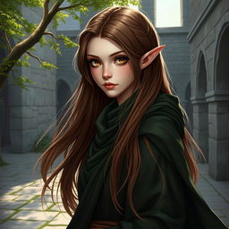 A stunning half-elf character with pale skin, long brown hair cascading gracefully, and large, captivating amber eyes