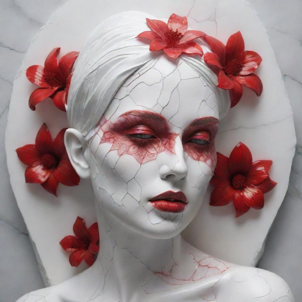 Create a 3D sculpture of a woman with red flower tattoos on white cracked marble face. The sculpture should have a broken red glass effect, with intricate textures, mythical presence, iridescent and glowing scales. It should appear energetic and molecular with no background.