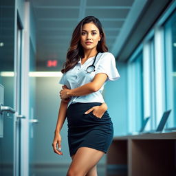 A nurse in a modern, professional medical setting, wearing a fashionable mini skirt that emphasizes her curves