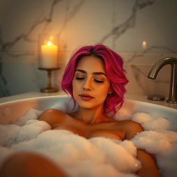 A beautiful woman with vibrant pink hair relaxing in a luxurious bubble bath