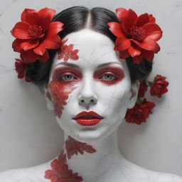 Create a 3D sculpture of a woman with red flower tattoos on white cracked marble face. The sculpture should have a broken red glass effect, with intricate textures, mythical presence, iridescent and glowing scales. It should appear energetic and molecular with no background.