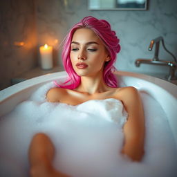 A beautiful woman with vibrant pink hair relaxing in a luxurious bubble bath