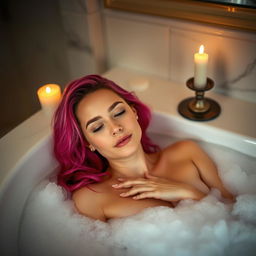 A beautiful woman with vibrant pink hair relaxing in a luxurious bubble bath