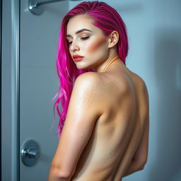 A stunning woman with vibrant pink hair taking a refreshing shower