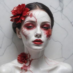 Create a 3D sculpture of a woman with red flower tattoos on white cracked marble face. The sculpture should have a broken red glass effect, with intricate textures, mythical presence, iridescent and glowing scales. It should appear energetic and molecular with no background.