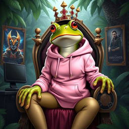 a regal frog queen wearing a stylish pink hoodie, sitting on her throne, surrounded by gaming accessories like controllers and gaming posters, with a confident and playful expression on her face, in a lush rainforest setting