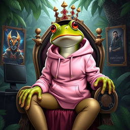 a regal frog queen wearing a stylish pink hoodie, sitting on her throne, surrounded by gaming accessories like controllers and gaming posters, with a confident and playful expression on her face, in a lush rainforest setting