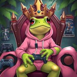 a regal frog queen wearing a stylish pink hoodie, sitting on her throne, surrounded by gaming accessories like controllers and gaming posters, with a confident and playful expression on her face, in a lush rainforest setting