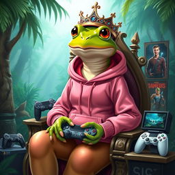 a regal frog queen wearing a stylish pink hoodie, sitting on her throne, surrounded by gaming accessories like controllers and gaming posters, with a confident and playful expression on her face, in a lush rainforest setting