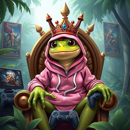 a regal frog queen wearing a stylish pink hoodie, sitting on her throne, surrounded by gaming accessories like controllers and gaming posters, with a confident and playful expression on her face, in a lush rainforest setting