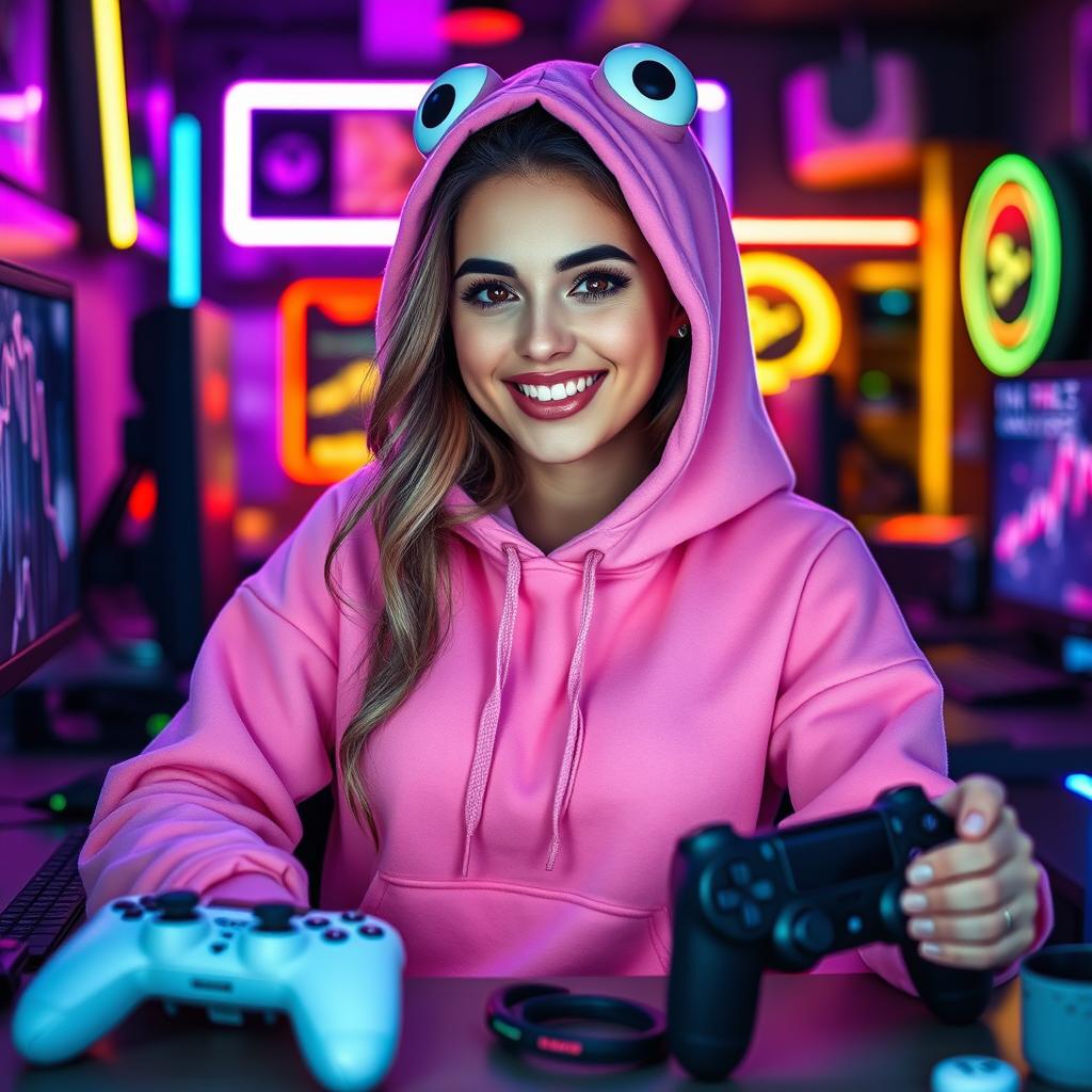 a woman wearing a cute pink froggie hoodie, surrounded by gaming elements like controllers and neon lights, showcasing a gamer aesthetic with a lively and immersive background, she has a joyful and focused expression, and the ambiance of a gaming setup