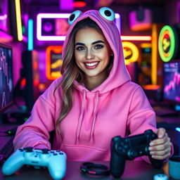 a woman wearing a cute pink froggie hoodie, surrounded by gaming elements like controllers and neon lights, showcasing a gamer aesthetic with a lively and immersive background, she has a joyful and focused expression, and the ambiance of a gaming setup