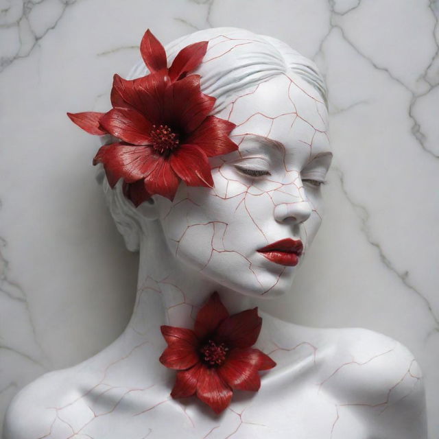 Create a 3D sculpture of a woman with red flower tattoos on white cracked marble face. The sculpture should have a broken red glass effect, with intricate textures, mythical presence, iridescent and glowing scales. It should appear energetic and molecular with no background.