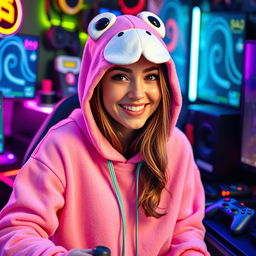 a woman wearing a cute pink froggie hoodie, surrounded by gaming elements like controllers and neon lights, showcasing a gamer aesthetic with a lively and immersive background, she has a joyful and focused expression, and the ambiance of a gaming setup