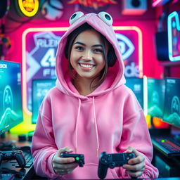 a woman wearing a cute pink froggie hoodie, surrounded by gaming elements like controllers and neon lights, showcasing a gamer aesthetic with a lively and immersive background, she has a joyful and focused expression, and the ambiance of a gaming setup