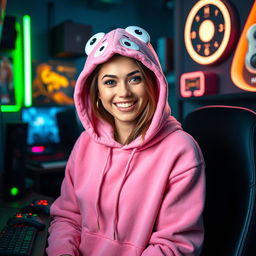 a woman wearing a cute pink froggie hoodie, surrounded by gaming elements like controllers and neon lights, showcasing a gamer aesthetic with a lively and immersive background, she has a joyful and focused expression, and the ambiance of a gaming setup