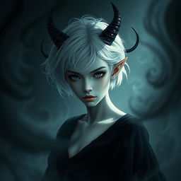 A mysterious young woman with grey skin, short white hair, and short pointed ears