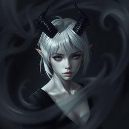 A mysterious young woman with grey skin, short white hair, and short pointed ears