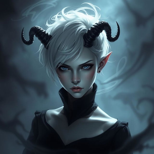 A mysterious young woman with grey skin, short white hair, and short pointed ears