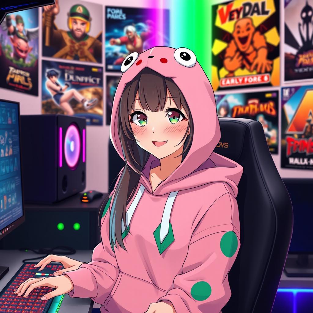 an anime-style woman wearing a cute pink froggie hoodie, immersed in a gamer aesthetic, surrounded by gaming consoles, colorful LED lights, and an array of video game posters, she has a focused and joyful expression, with an anime-inspired room setup