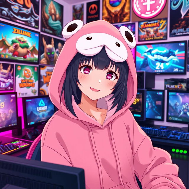 an anime-style woman wearing a cute pink froggie hoodie, immersed in a gamer aesthetic, surrounded by gaming consoles, colorful LED lights, and an array of video game posters, she has a focused and joyful expression, with an anime-inspired room setup