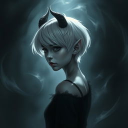 A mysterious young woman with grey skin, short white hair, and short pointed ears, viewed at a 3/4 profile