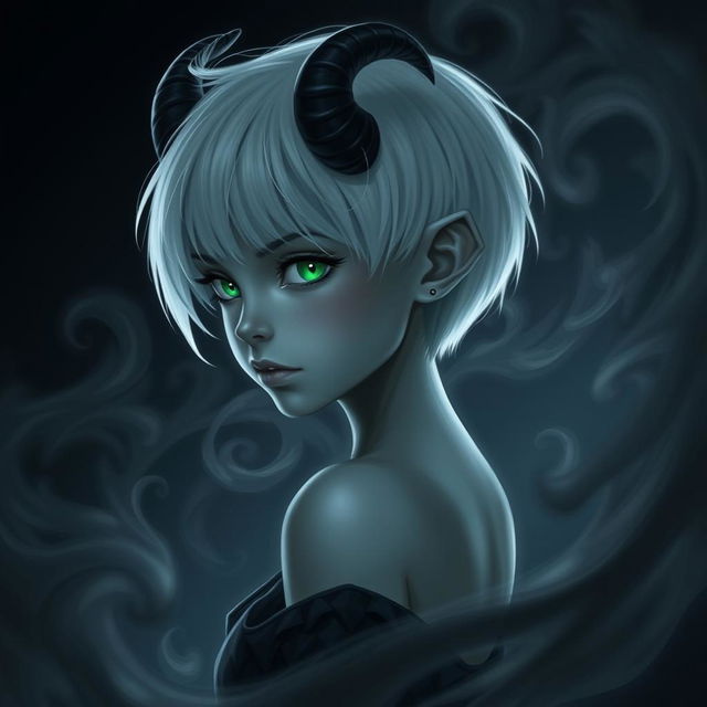 A mysterious young woman with grey skin, short white hair, and short pointed ears, viewed at a 3/4 profile