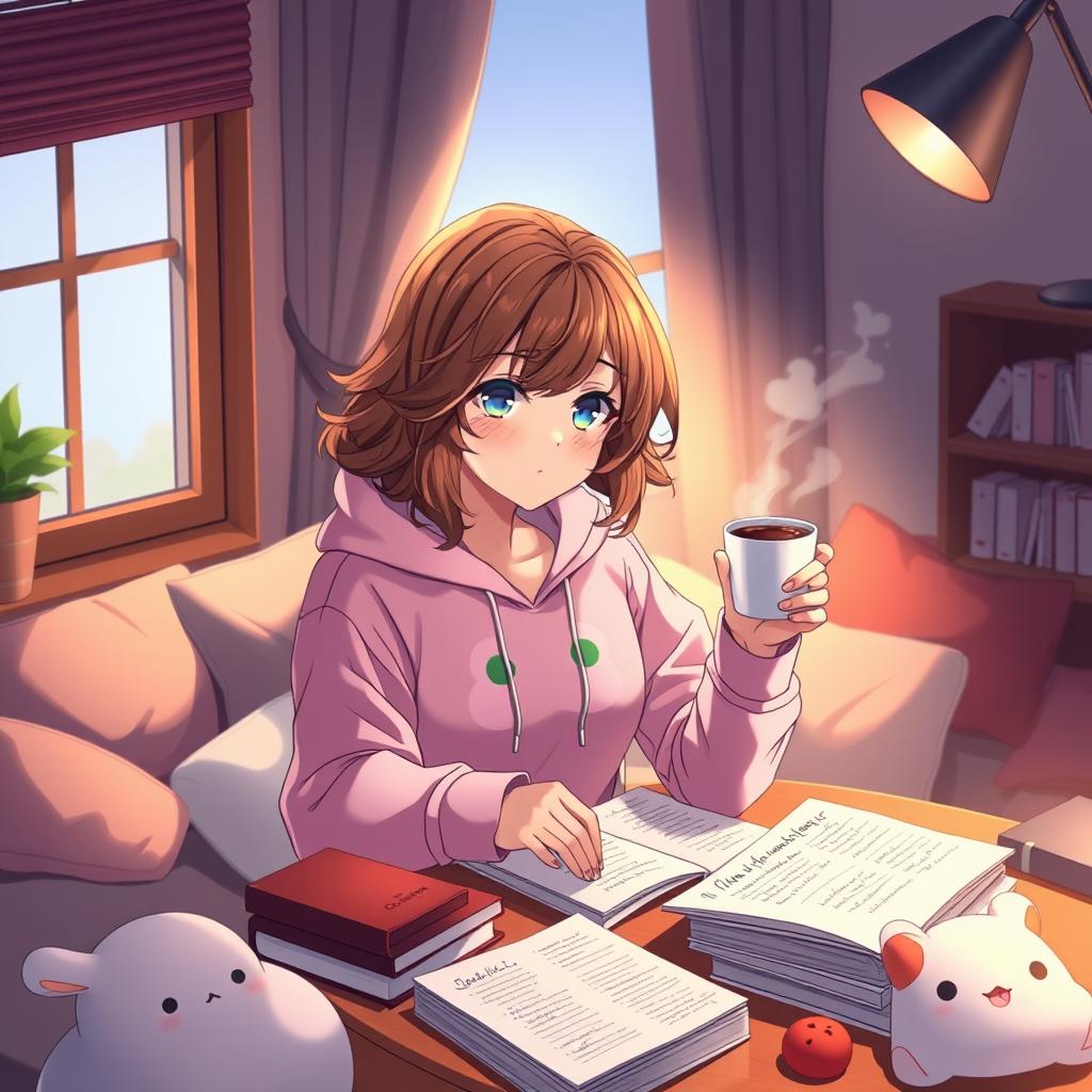 Anime woman with wavy brown hair, wearing a pink froggie hoodie