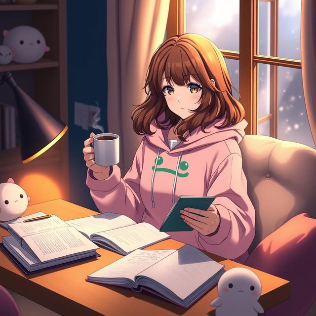 Anime woman with wavy brown hair, wearing a pink froggie hoodie