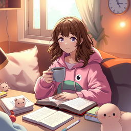 Anime woman with wavy brown hair, wearing a pink froggie hoodie