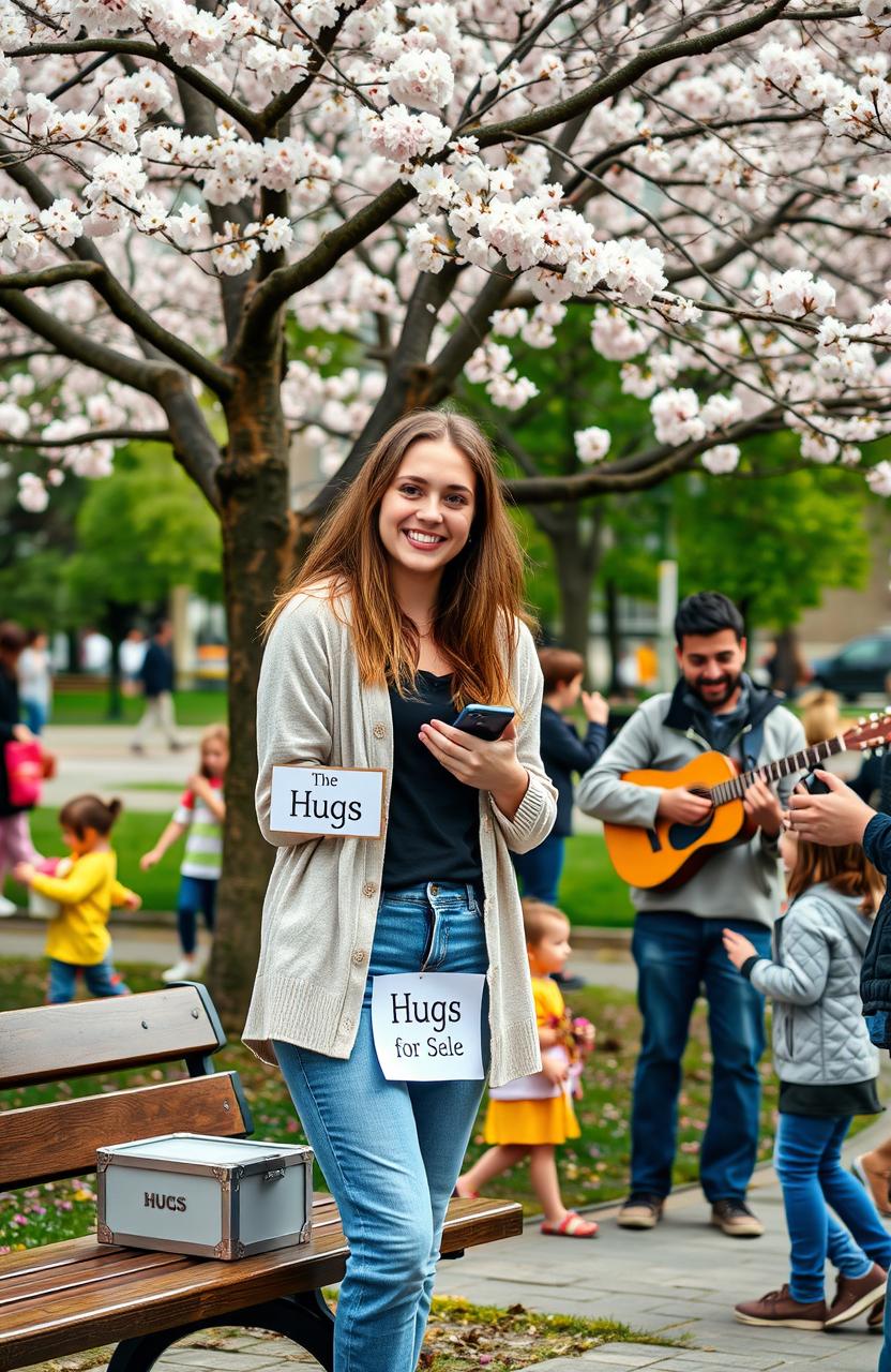 A young woman with a friendly smile offering hugs to people in a bustling city park