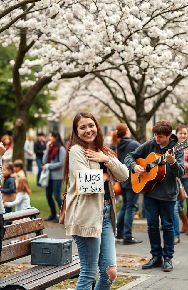 A young woman with a friendly smile offering hugs to people in a bustling city park