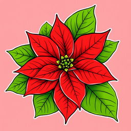 Poinsettia flower with vibrant red petals and lush green leaves, delicately outlined with a fine black contour.